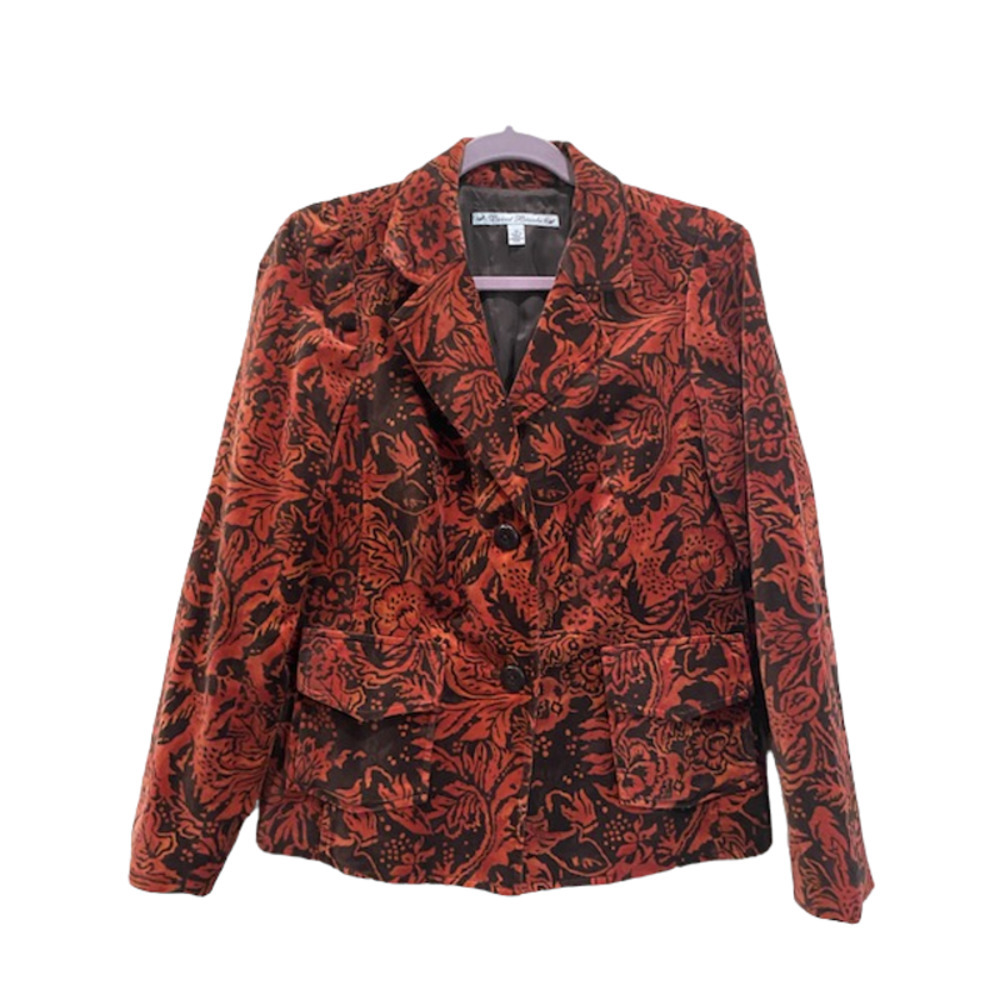 Pre-Owned David Brooks Rusty Brown/Black velvety Floral Design Women Blazer sz10
